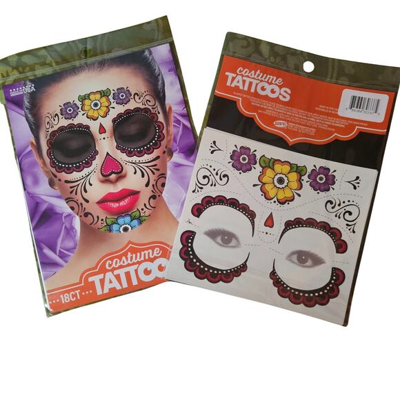 Lot of 9 Temporary Tattoos - 4 Sleeves, 1 Glove, 3 Face Blood Stitches Halloween - Picture 4 of 6